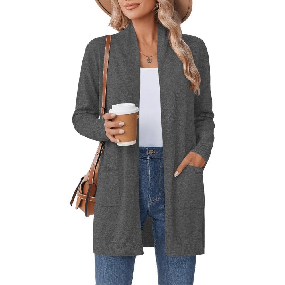 Women Long Light Gray Knit Cardigan Sweater with Pockets Large